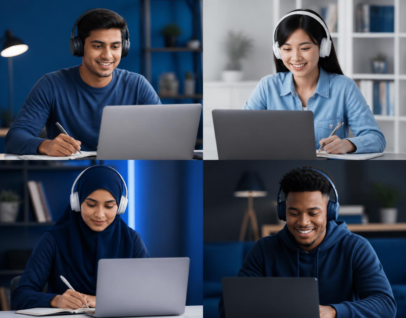Diverse international students learning online with laptops and headphones